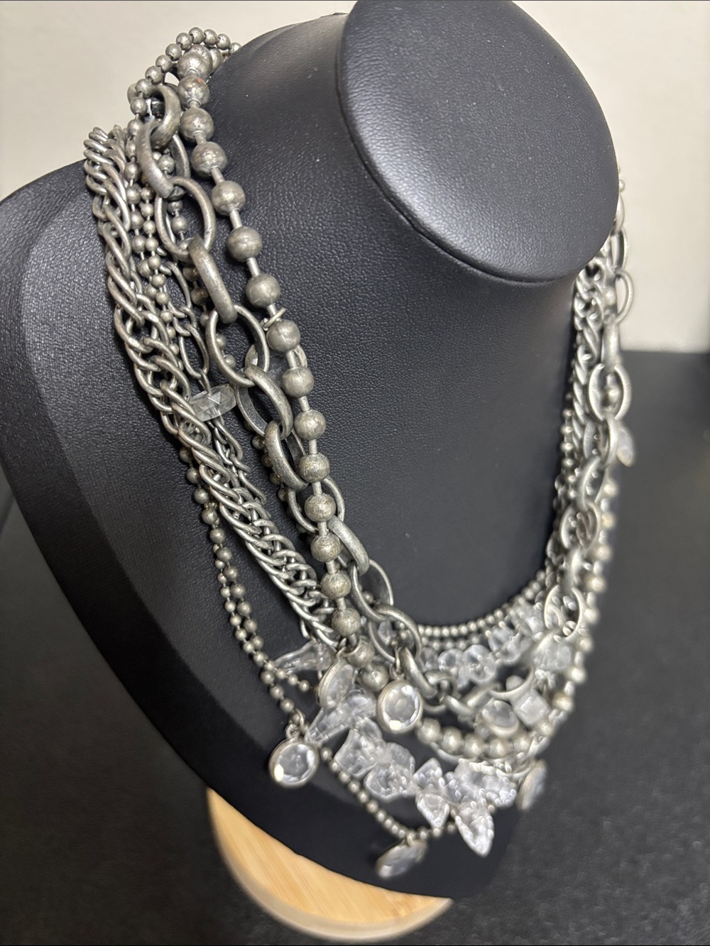Statement Silver-Tone Layered Multi-Chain Necklace Clear Crystal Acrylic Charms - Picture 4 of 7